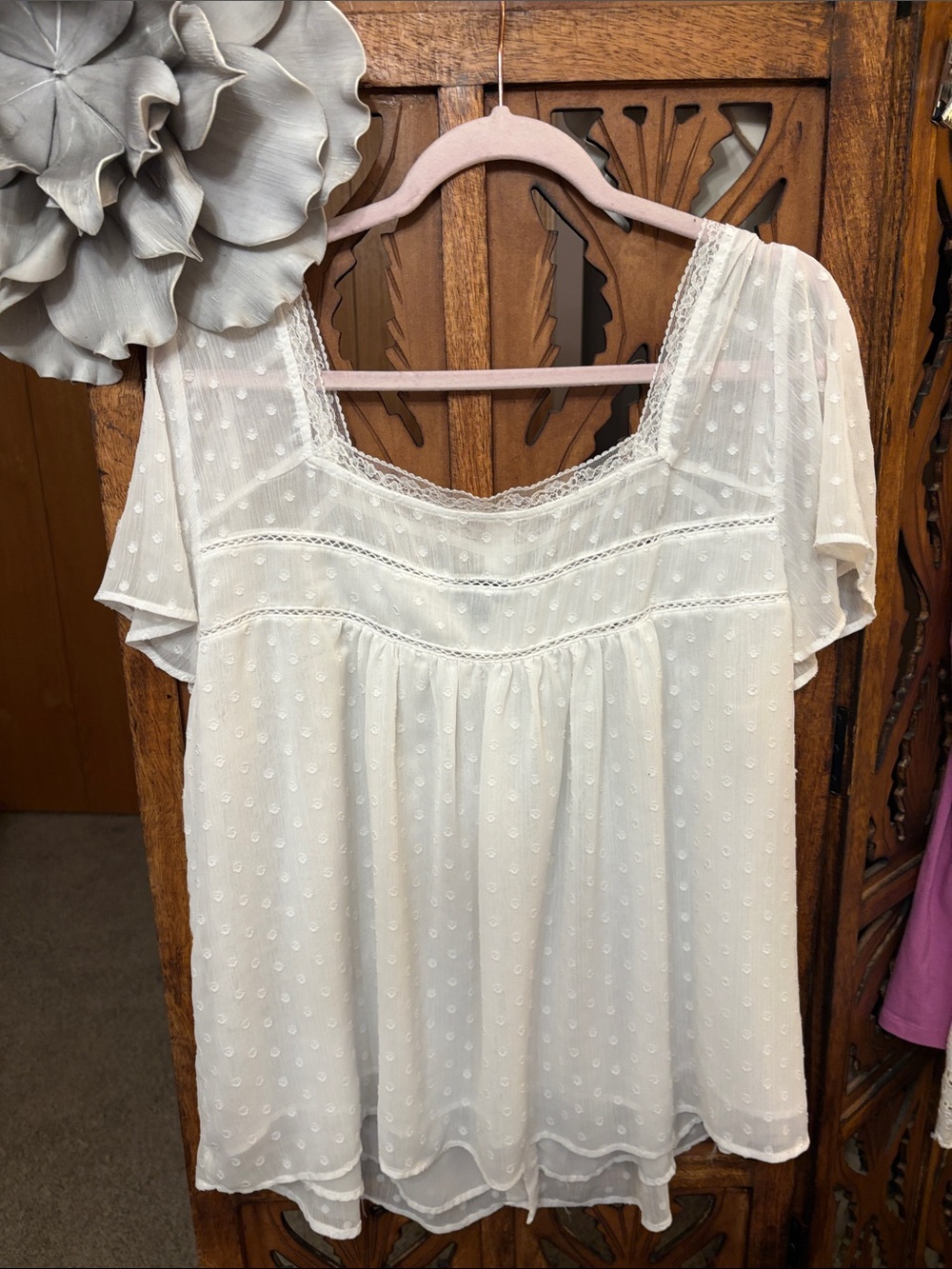 Boho Swiss Dot Lace-Trim Button Front Women's Blouse in White - Picture 5 of 6